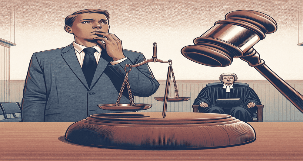 A gavel dominates the foreground in a solemn courtroom as ex-FTX executive Ryan Salame stands worried before a stern judge on a bench.