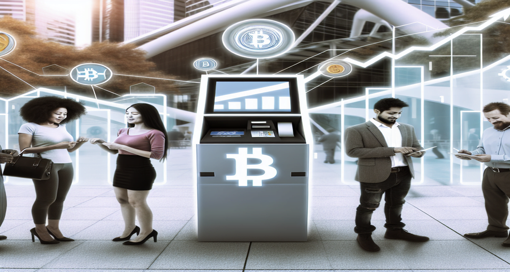 Futuristic Bitcoin ATM in a modern urban setting with diverse users, digital upward trend chart, and blockchain technology icons in the background.