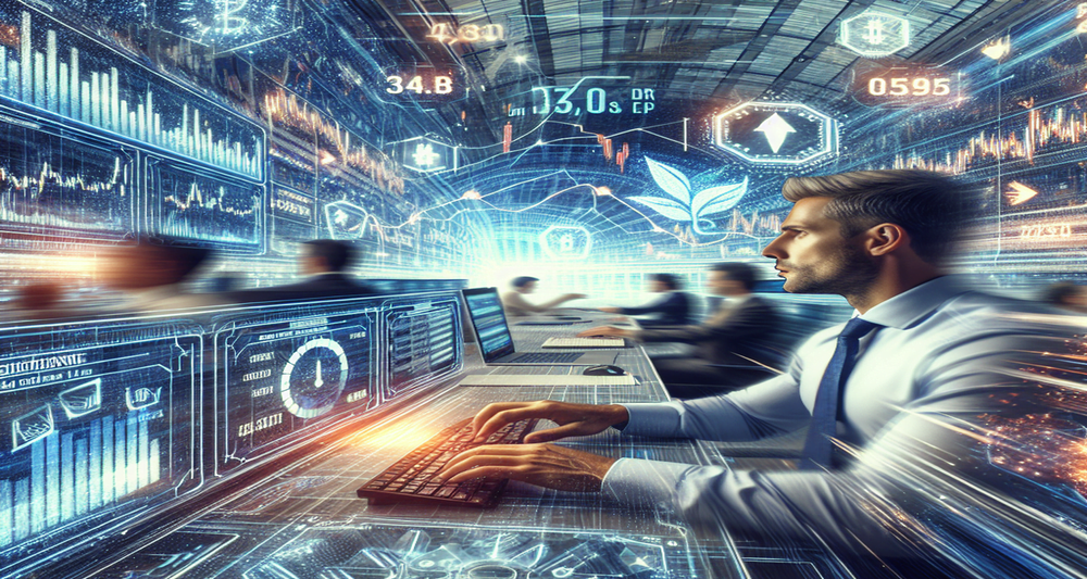 Broker-dealer on a high-tech computer setup amidst a fast-paced trading floor with dynamic charts, stock tickers, and nanosecond timing indicators.