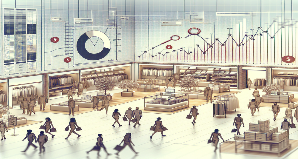 A modern Costco store bustling with shoppers, financial charts indicating strong sales, and magnifying glasses symbolizing scrutiny.