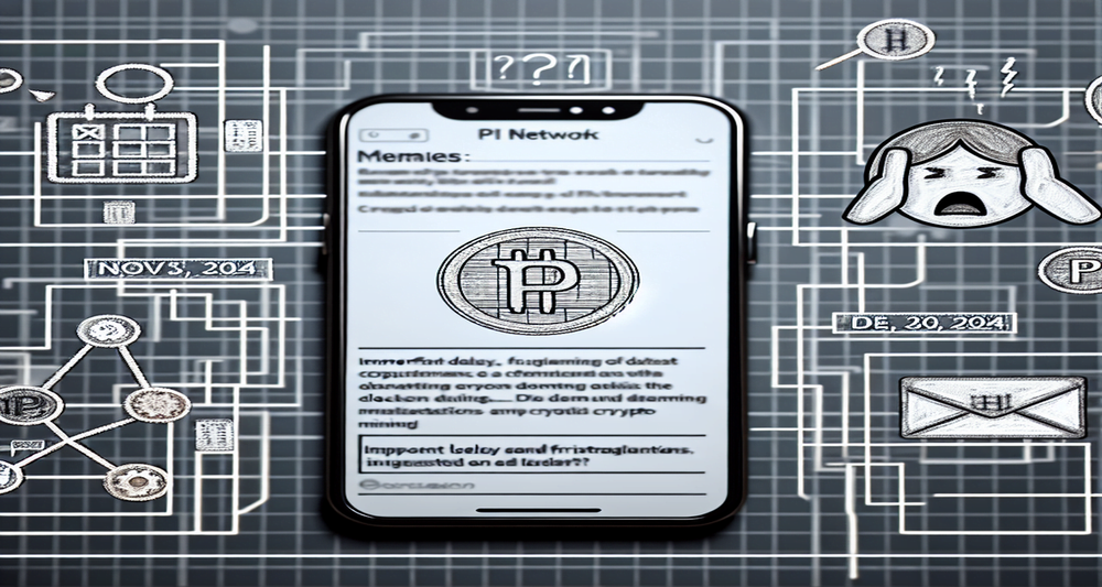 A smartphone with the Pi Network app, Pi tokens, a digital calendar with deadline extensions, and frustrated user icons on a tech-themed background.