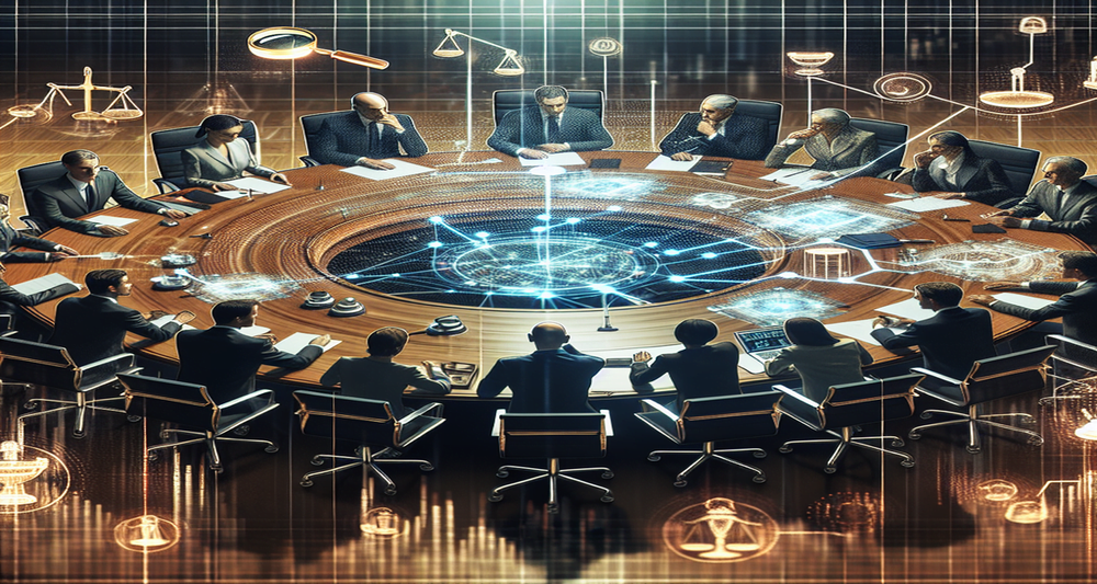 Diverse business professionals in a boardroom discuss blockchain technology and finance, with magnifying glasses inspecting documents, scales of justice subtly in the background.