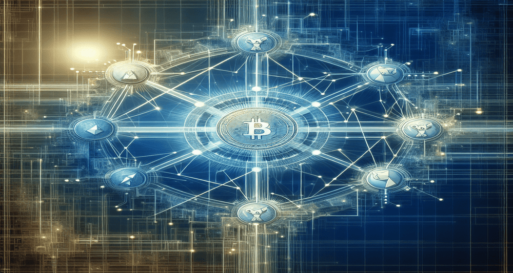 A modern digital network with glowing interconnected nodes coming back online, featuring "DOGS" cryptocurrency coins causing a disruption.