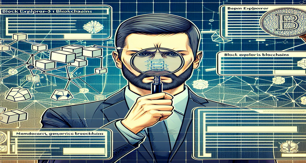 Tech analyst ZachXBT examines block explorers for different layer-1 blockchains, surrounded by blockchain logos and analytical charts.