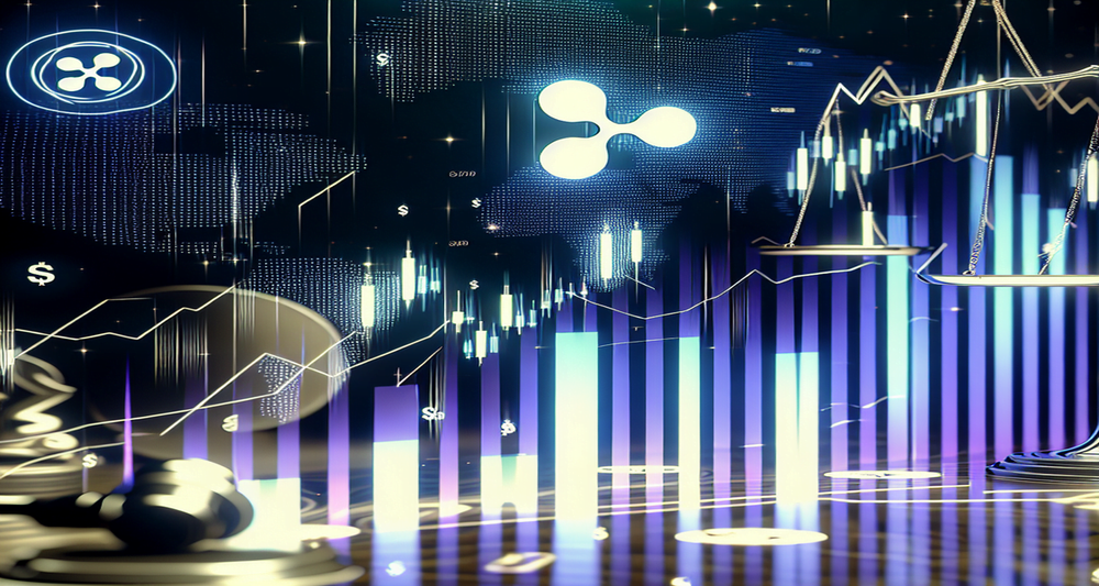 Graph showing Ripple (XRP) prices rising sharply to $0.66, with XRP logos, abstract waves, financial symbols, and a subtle balance scale in the background.