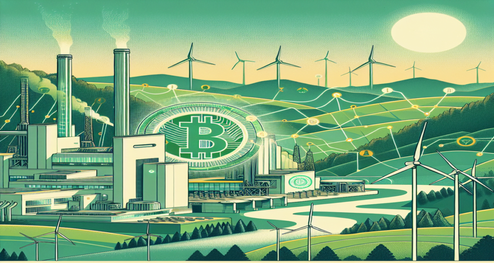 A sleek Bitcoin mining facility powered by hydroelectric plants and wind turbines in East Tennessee, with CleanSpark's logo subtly integrated.