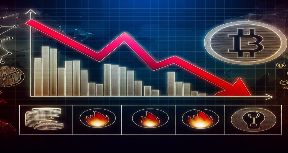 Image features a downward trend line graph, Shiba Inu token icon, faded blockchain icons, shrinking transaction bubbles, burning token symbol, and a bear icon.