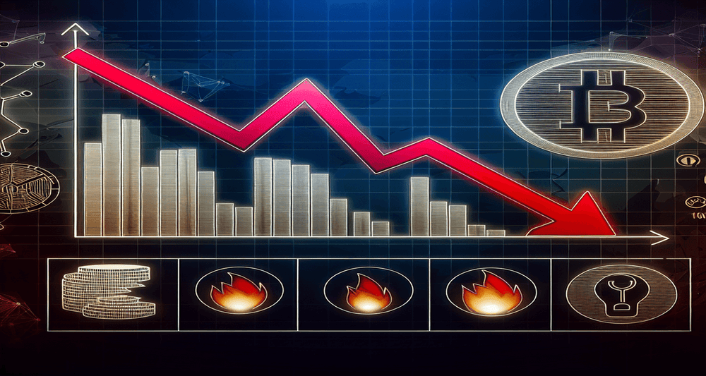 Image features a downward trend line graph, Shiba Inu token icon, faded blockchain icons, shrinking transaction bubbles, burning token symbol, and a bear icon.