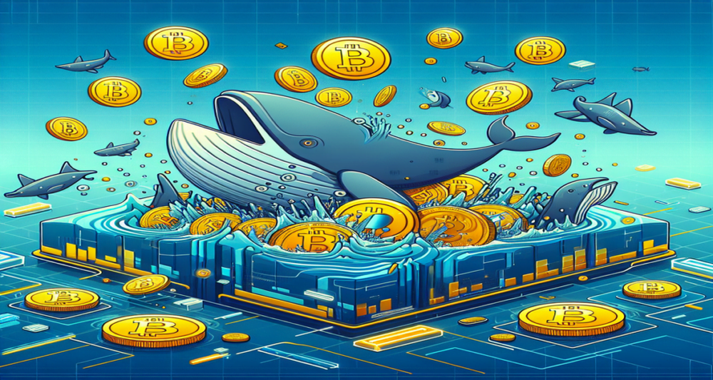A giant whale swallows a pile of Bitcoin gold coins amid a chaotic ocean of smaller fish, symbolizing a turbulent trading scene.