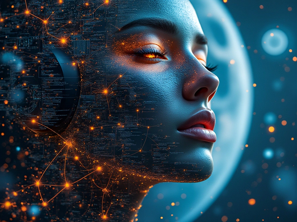 a furturistic image of women robots face with eys closed and nueral networds in the background image.