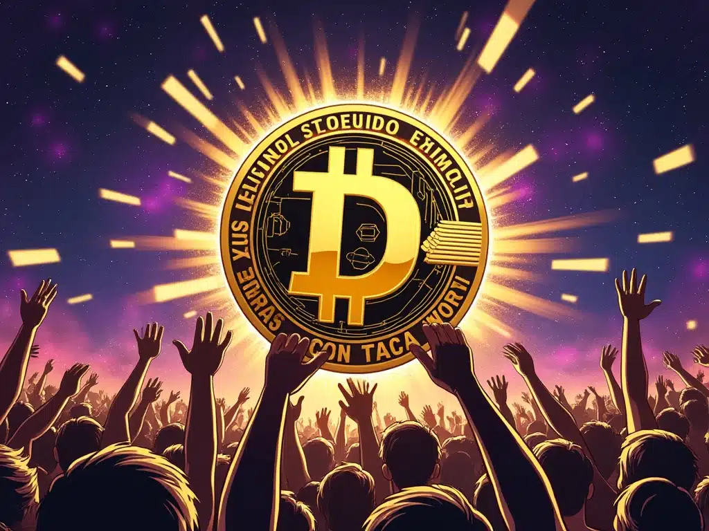Dynamic illustration of a Dogecoin symbol in the sky, showcasing the cryptocurrency's rally with a trail of flames and stars, symbolizing rapid growth and excitement in the crypto market