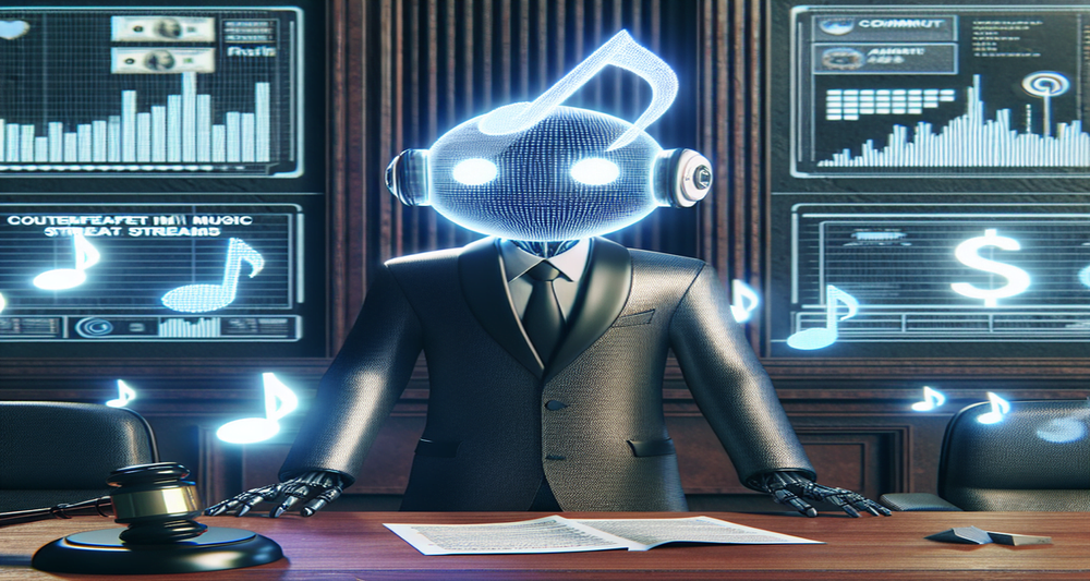 Futuristic courtroom with an AI having a musical note head on trial, holographic evidence of fake music streams, and financial charts in the background.