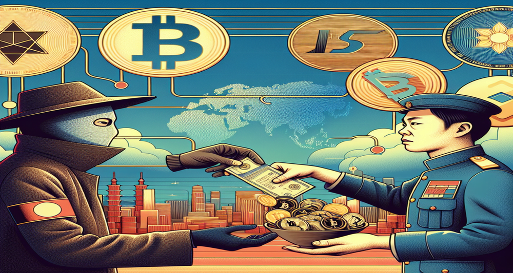 Taiwanese soldier hands military documents to shadowy figure with Tether coins, set against a vibrant cityscape with blockchain symbols.