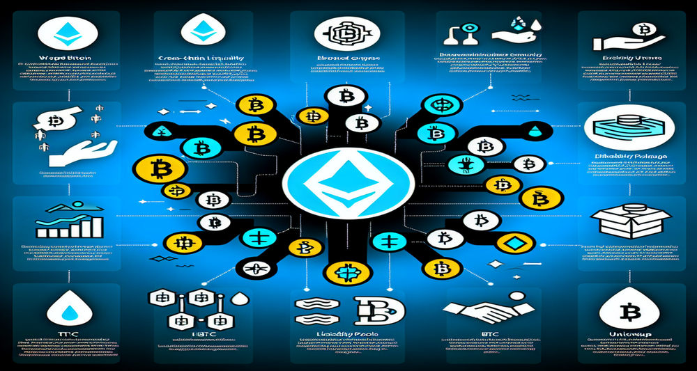 Modern design showcasing various Wrapped Bitcoin tokens, with WBTC at the forefront, cbBTC rising, and symbols of cross-chain liquidity and trading activities.