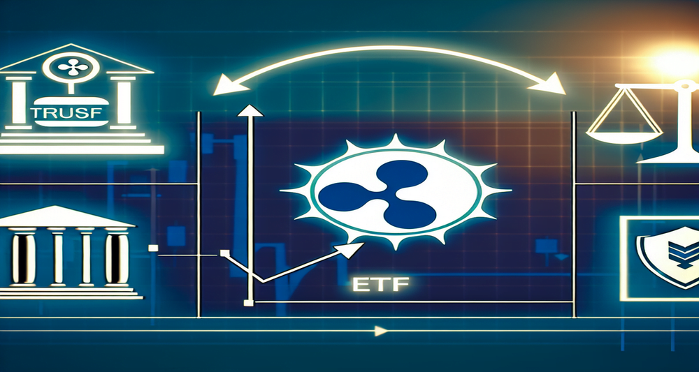 Grayscale and Ripple logos with an ETF symbol, upward trending chart, legal scale, institutional investors, and compliance symbols on a modern, clean background.