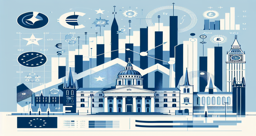 Modern infographic showing France's trade gap narrowing in July with a positive trend, featuring blue and white bar charts and euro symbols.