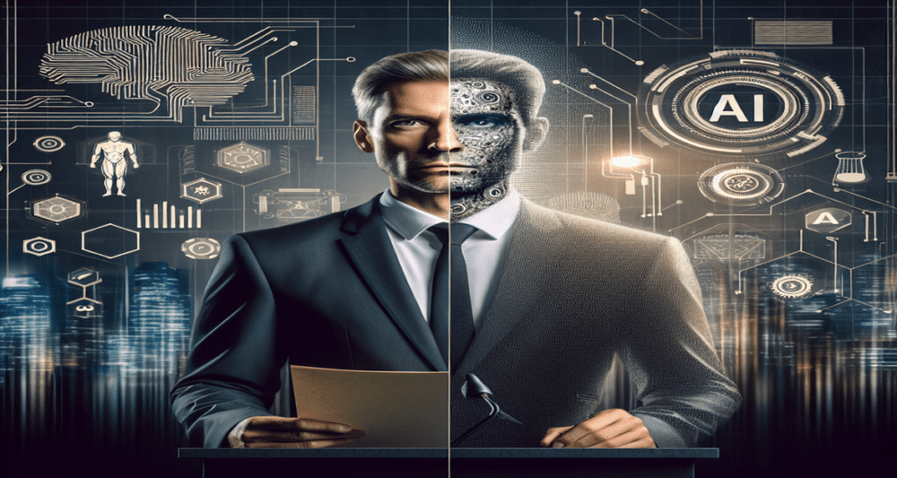 California Governor Gavin Newsom confidently holds an AI-labeled document at a podium, with AI elements and innovation icons in the background.