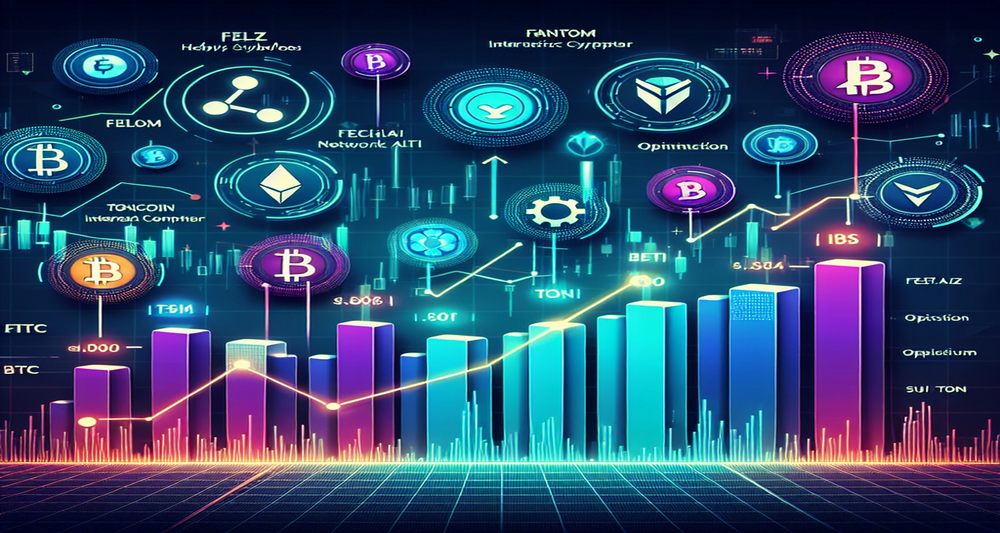 Digital illustration of rising altcoins Fellaz, Fetch.ai, Fantom, Sui Network, Optimism, Toncoin, and Internet Computer against an upward financial chart.