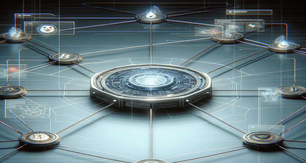 Futuristic blockchain network hub with web-like connections indicating an outage, surrounded by faint DOGS memecoin icons in blue and grey tones.