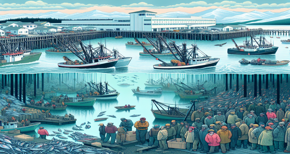 A coastal Alaska scene shows a thriving fishing village with bustling docks and happy fishermen contrasted with empty docks and worried faces.