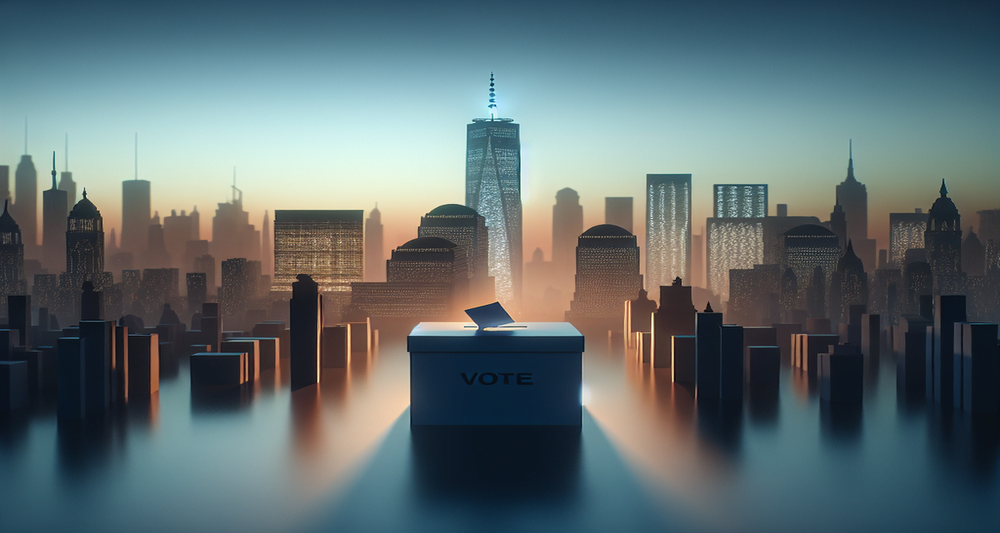 New York City skyline at sunset with One World Trade Center, blurred silhouette of a ballot box in the foreground, evoking 9/11 remembrance and election season.