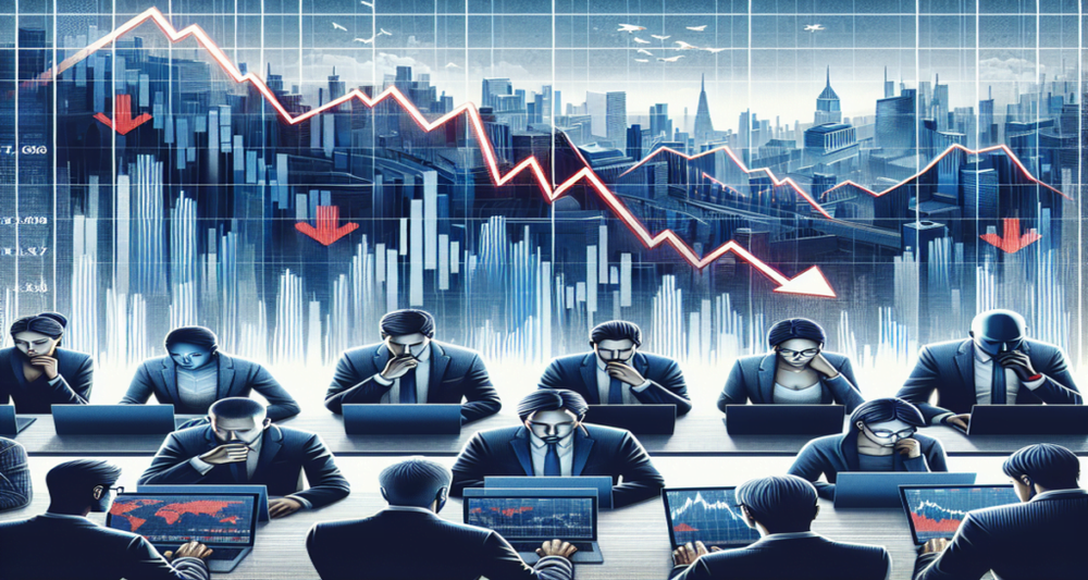 Worried investors observe screens showing a declining stock graph with red arrows in a bustling financial district.
