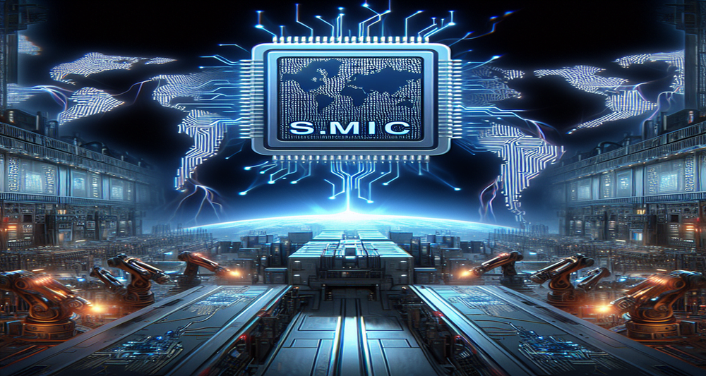 Futuristic landscape with a vibrant SMIC semiconductor factory, featuring robotic arms, high-tech machinery, and digital maps of China and USA with electric sparks.