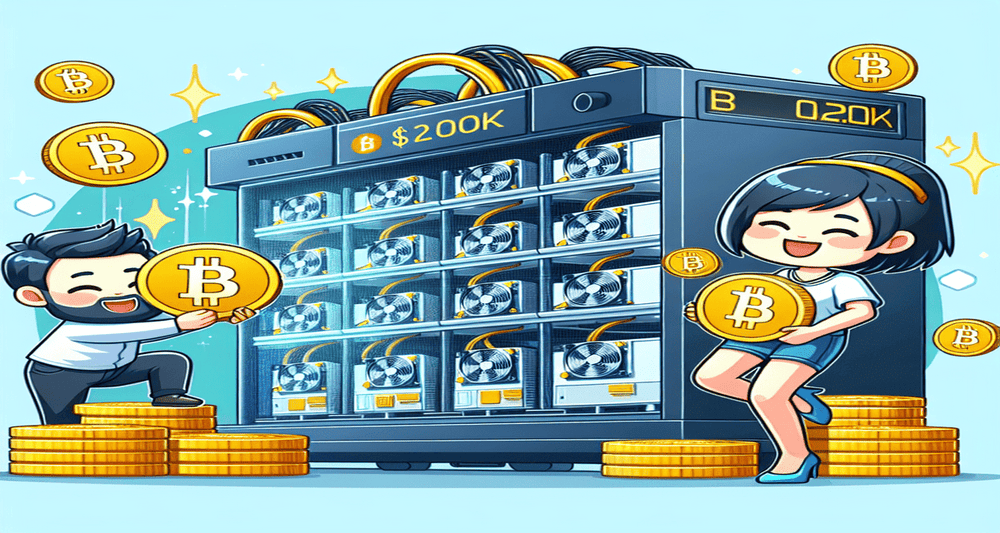 A solo Bitcoin miner celebrates winning a $200K block reward next to a powerful mining rig, surrounded by Bitcoin symbols and golden coins.