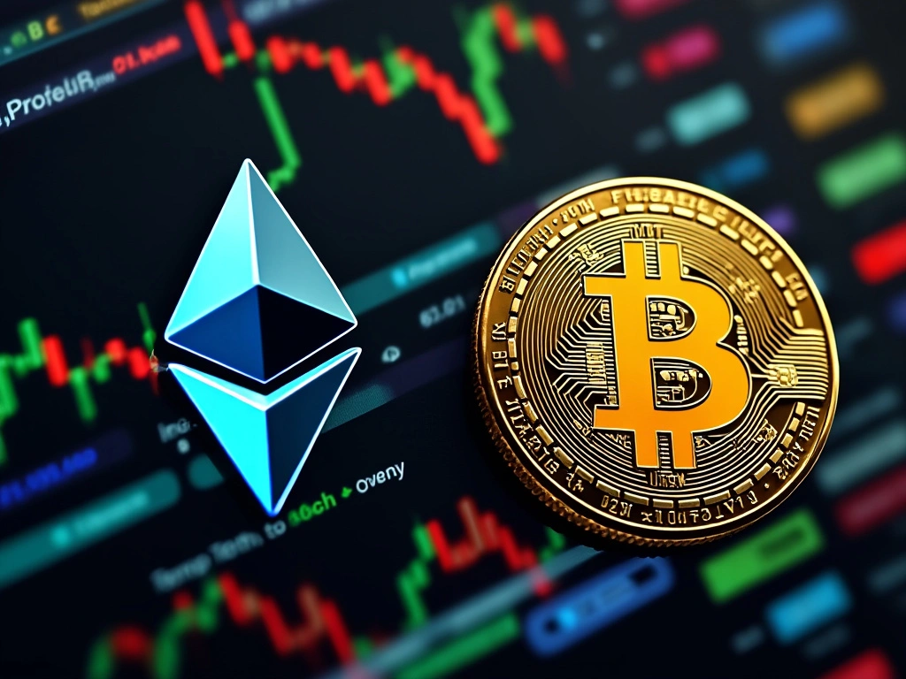 Merged Ethereum and Bitcoin logos on a backdrop of digital trading platform screens, representing the ETH/BTC trading pair.
