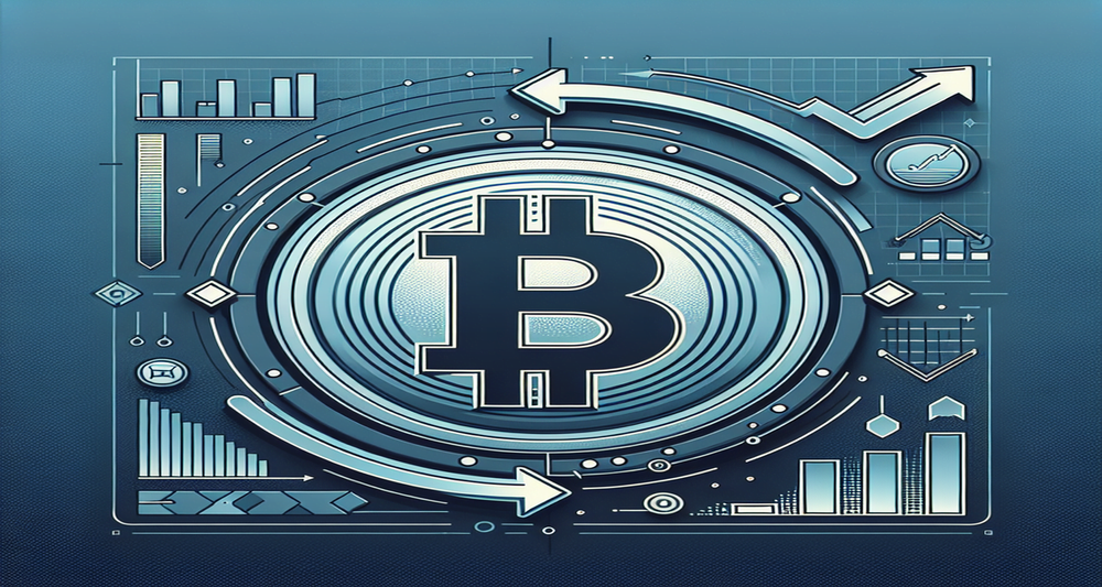 Bitcoin symbol sinking in the center with downward arrows and declining bar graphs, set against a cool blue and grey digital-themed background.