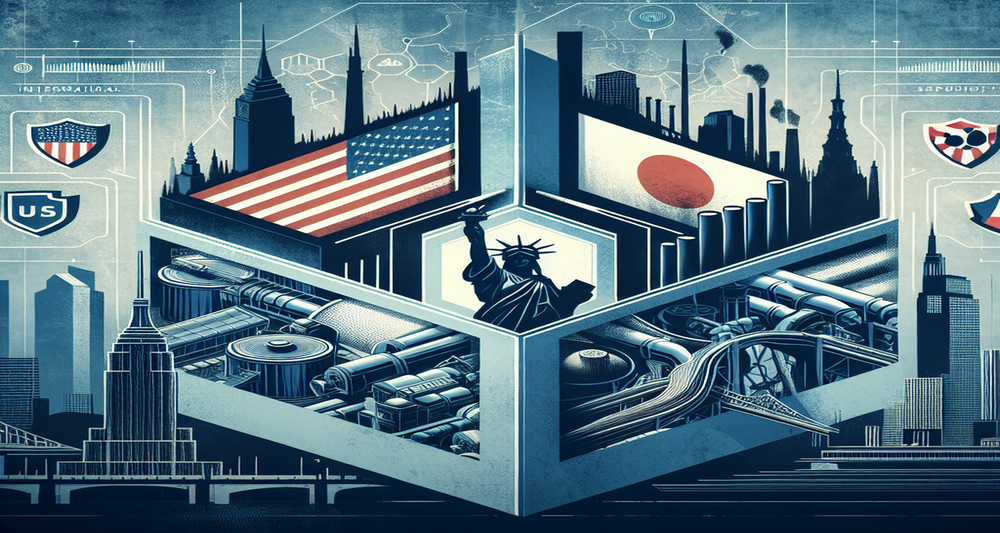 Image features U.S. Steel with the Statue of Liberty and American flags, Nippon Steel with Japanese flags and traditional architecture, and central security icons.