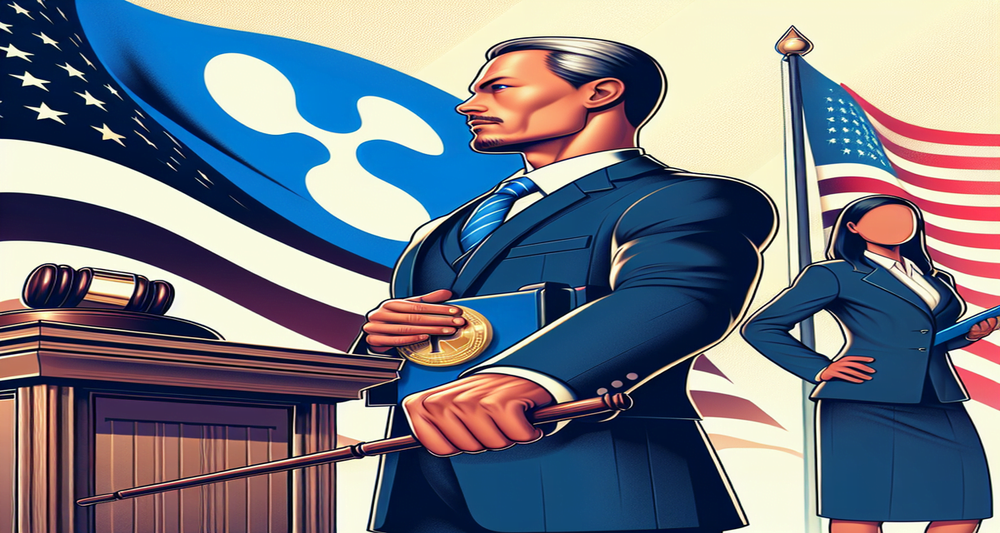 John Deaton, confident lawyer with a gavel and XRP logo on his suit, stands before an American flag and podium, with Elizabeth Warren in the background.