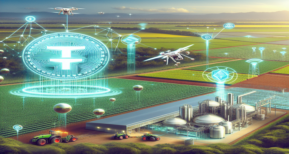 High-tech South American farmland with drones, advanced irrigation, a futuristic tractor, and a Tether logo on a corporate building in the background.