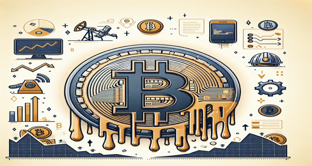 Bitcoin coin melting with downward graphs, inactive miner rigs, and arrows pointing towards banks, symbolizing declining value and financial stress.