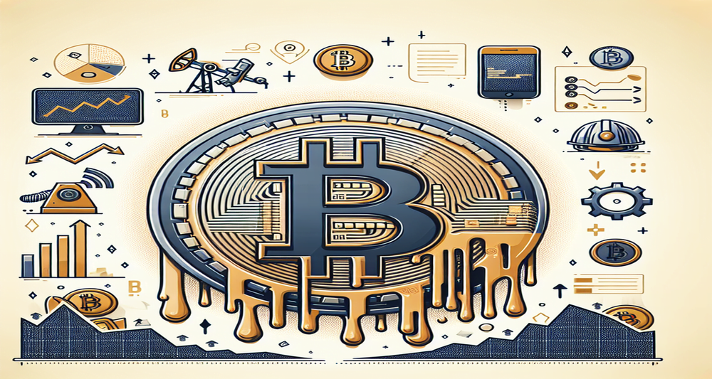 Bitcoin coin melting with downward graphs, inactive miner rigs, and arrows pointing towards banks, symbolizing declining value and financial stress.