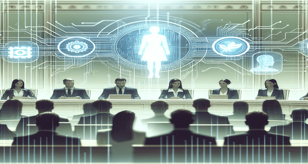 California lawmakers in a legislative setting with digital circuit patterns and holograms symbolizing AI technology, Governor Newsom in the background.