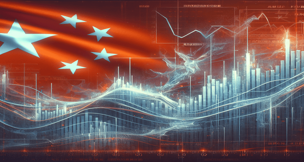 A futuristic financial chart with rising bond values overlays a stylized Chinese flag, set against a foggy background suggesting caution.
