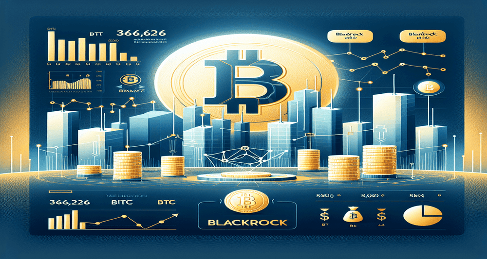 Infographic showing BlackRock's Bitcoin holdings nearing 370,000 BTC with bar graphs, Bitcoin symbol, stock market ticker, and investment icons.