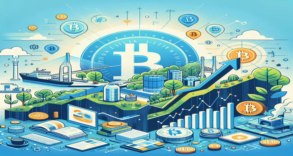 El Salvador silhouette with Bitcoin logo, upward growth charts, secure digital vault, abstract books and plants, and a cityscape background.