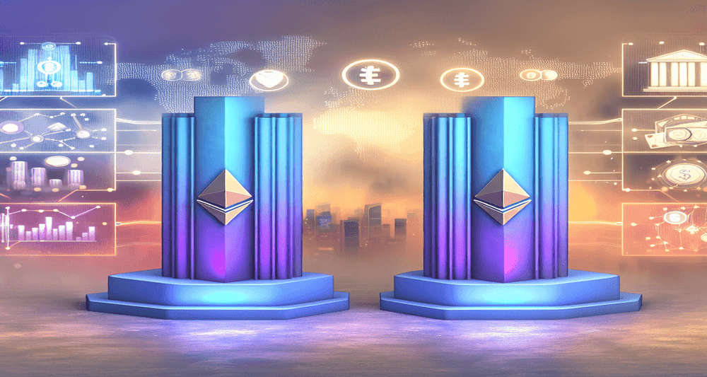Ethereum logo connects two pillars, one with DEX and NFT symbols, the other with currency and stablecoin icons, against a futuristic backdrop.