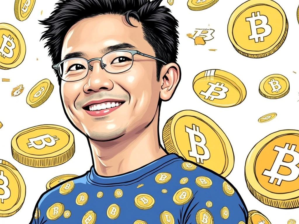 A cartoon illustration featuring Justin Sun, founder of TRON, standing in front of a backdrop filled with various cryptocurrency coins like Bitcoin.