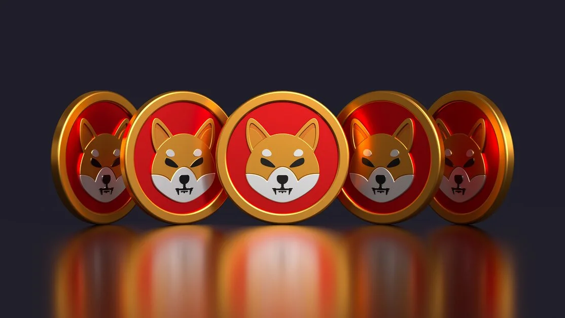 A picture of 5 shiba inu crypto coins lined up on a table. The coins have the image of the shiba inu dog.