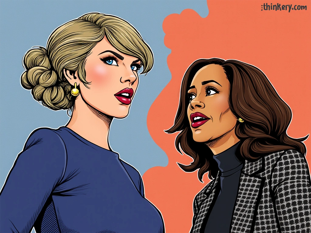Cartoon illustration of Taylor Swift and Kamala Harris together, symbolizing political support and celebrity endorsement in the 2024 election campaign.