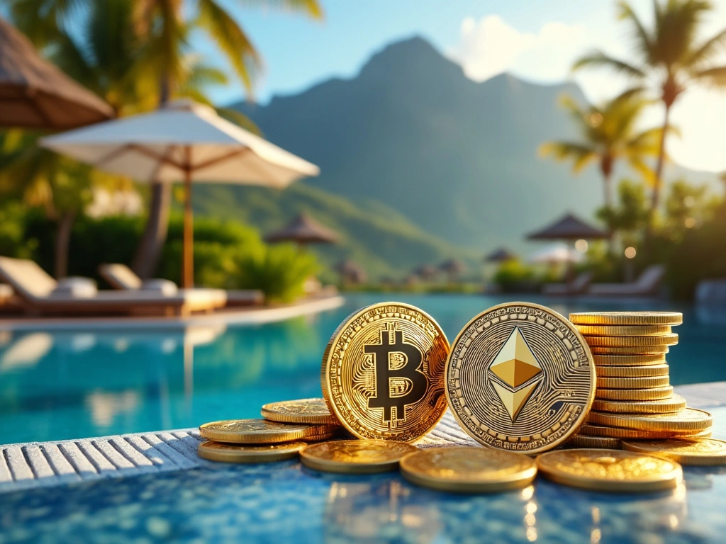 Vacation hotel setting with Bitcoin and Ethereum coins in the background, symbolizing cryptocurrency payments for travel accommodations