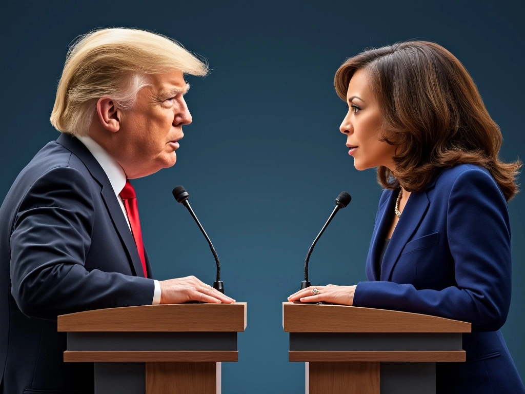 Debate podium featuring a split image of Donald Trump and Kamala Harris, each appearing on one half of the podium, symbolizing a political debate between the two.