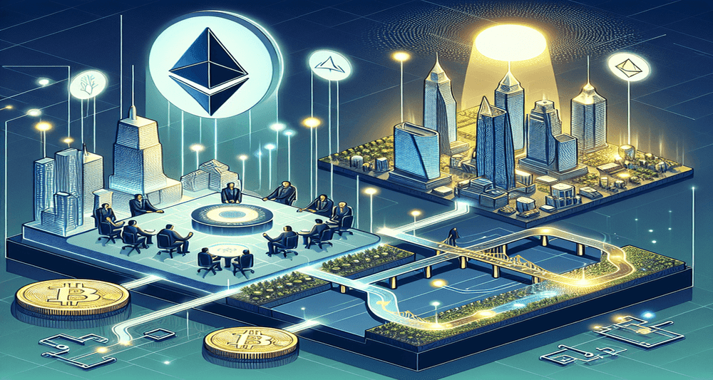 Futuristic Ethereum and Solana cityscapes connected by a glowing bridge, with governance figures and dynamic lines symbolizing blockchain innovation.