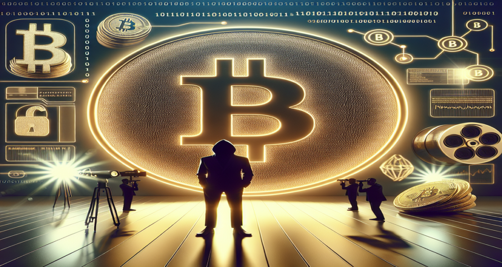 Silhouette of a mysterious figure before a gleaming Bitcoin symbol, surrounded by binary code and cryptographic keys, in a sleek, high-tech setting.