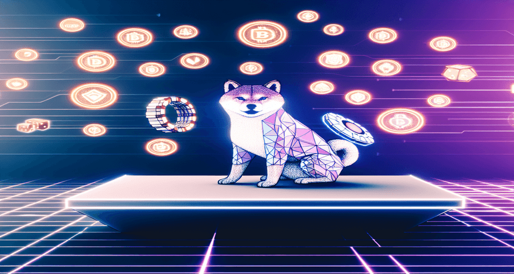 Futuristic Shiba Inu with blockchain design in a vibrant digital gaming realm, surrounded by crypto icons and virtual casino elements.
