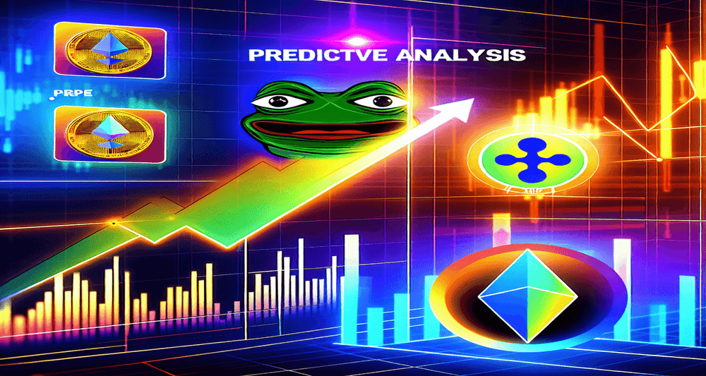 A rising graph with XRP and Pepe Unchained icons, set against a vibrant, futuristic cryptocurrency market backdrop, symbolizing 2025 bull rally predictions.