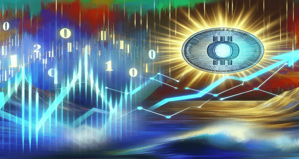 Futuristic scene with a Dogecoin coin emerging from a stormy sea, surrounded by glowing figures, rising charts, and a hopeful sunrise.